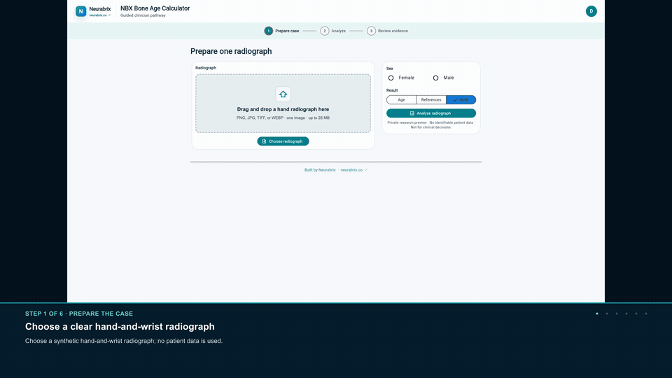 Animated preview of the Bone Age Calculator upload, review and saved-decision workflow